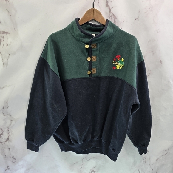 Vintage Sweatshirt Women Large Navy Green 90s Canada Autumn Fall Maple Leaf - Picture 1 of 11